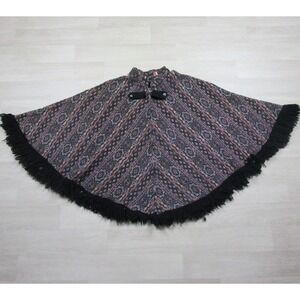 Vintage 60s Glenbrooke Jr Cape Poncho Womens (12) Boho Hippie Fringe Metal Zip
